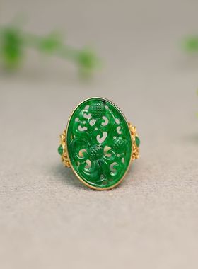 #K525 18K金镶嵌满色辣绿缅甸天然A货翡翠椭圆形雕花戒指古风女戒