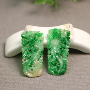 7605一对冰糯种黄加绿天然A货老翡翠凤鸟吊坠胸针花片