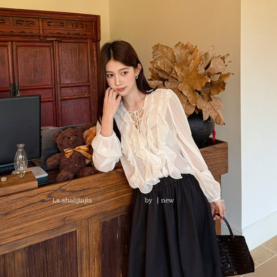 LS 法式氛围感v领荷叶边衬衫 广州十三行2026早春新品女装22938#