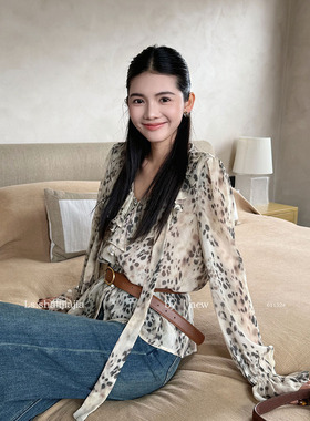 LS 复古优雅时尚V领豹纹上衣女 广州十三行2025早秋新品女装61152