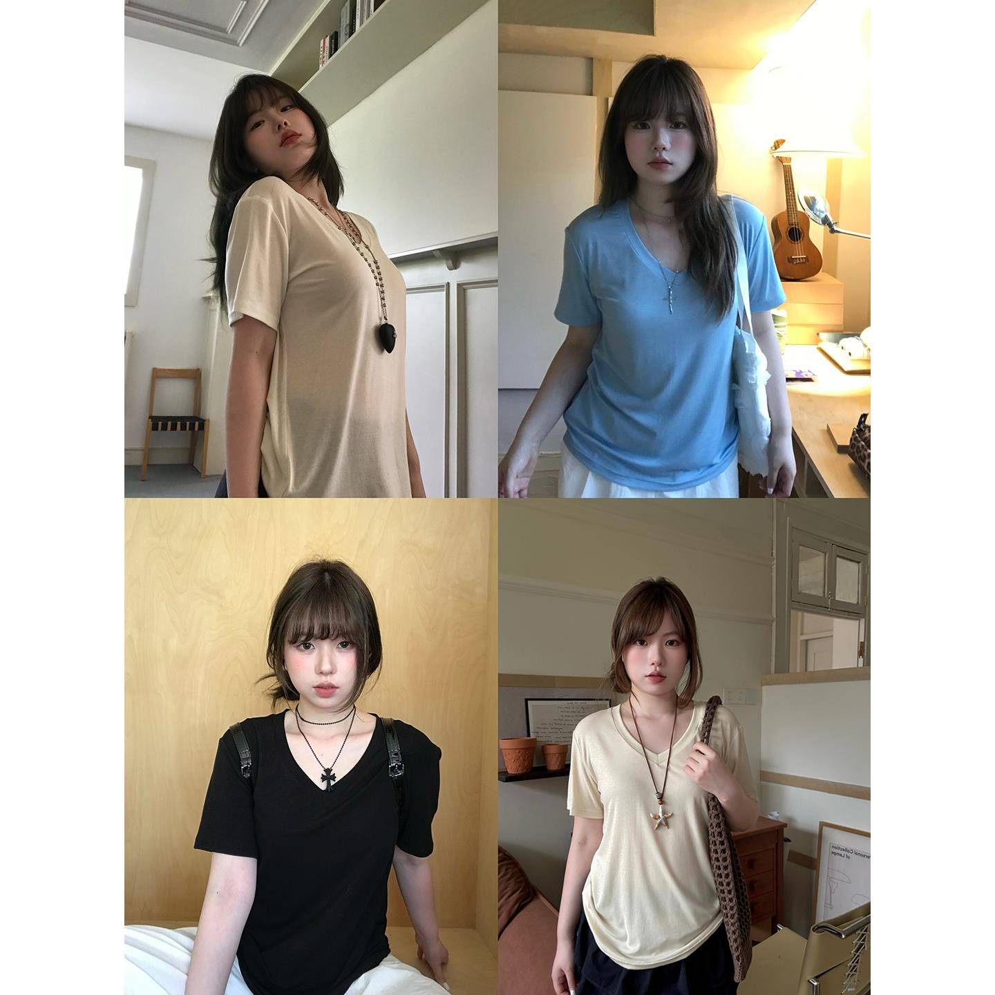 Vegetable Orbs轻氧面膜tee 桑蚕丝云朵垂垂宽松v领T恤女短袖上衣