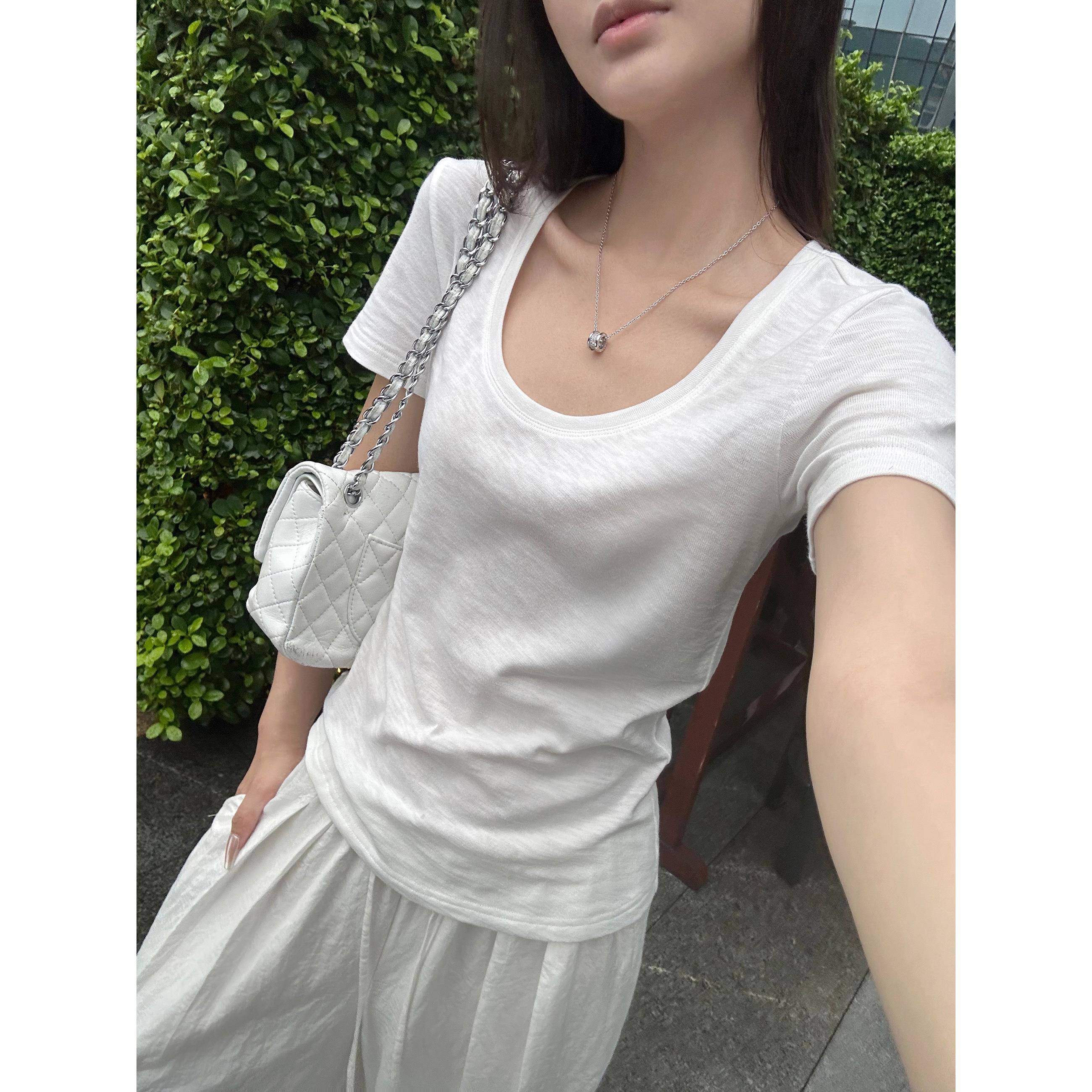 5werkwen 呼吸感淡人t bi入仿麻竹节棉短袖T恤夏季休闲百搭上衣女