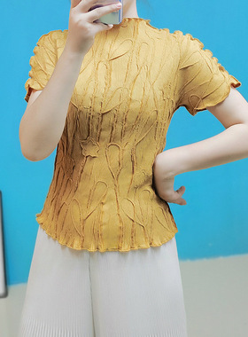 灵影褶皱S024【现货】T恤绣花短袖修身三宅2025夏季时尚气质上衣