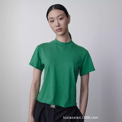 TR ROW春秋夏款简约时尚百搭纯色卷边短袖圆领套头宽松T恤 女款