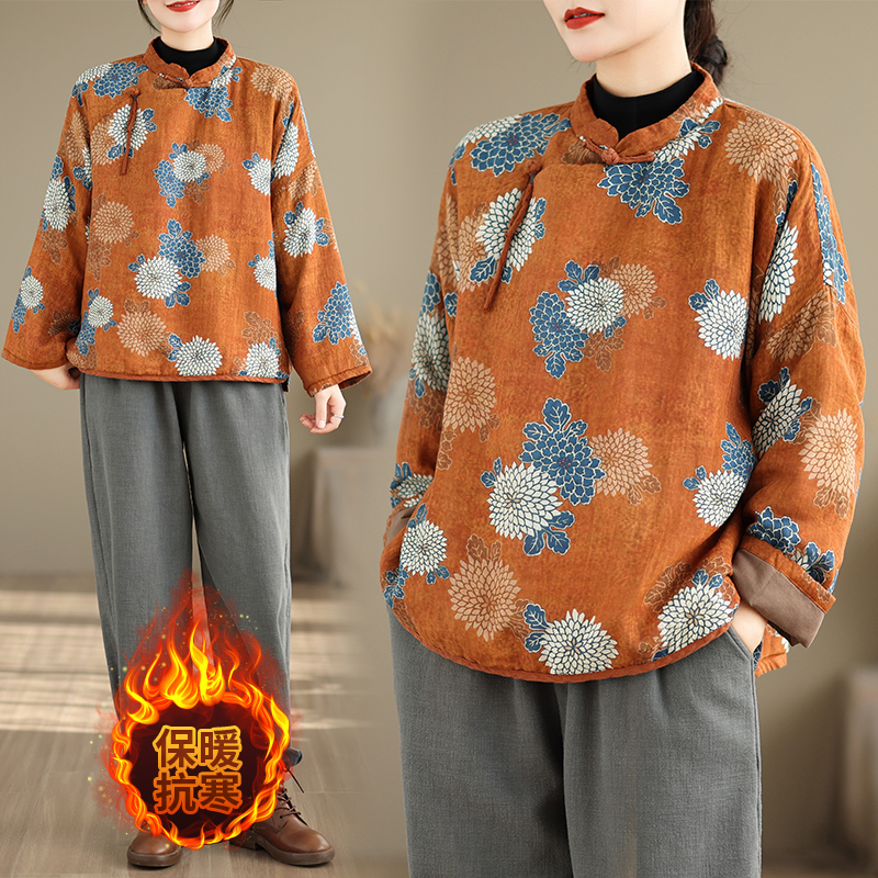 中式斜襟盘扣上衣女士保暖花棉袄