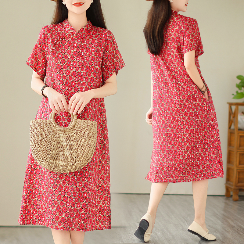 2024夏季新款复古中式改良度假旅行旗袍洋气红色短袖苎麻连衣裙女