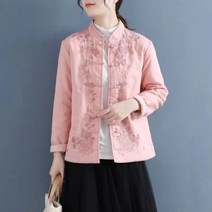 中国风复古盘扣薄款棉衣女文艺刺绣外穿棉袄休闲内搭夹棉立领外套