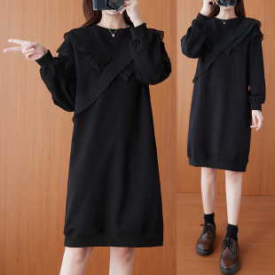 长袖 胖MM秋冬款 中长款 拼接百褶气质裙子女宽松大码 卫衣连衣裙 时尚