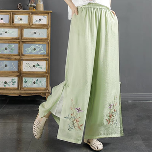 新款 宽松裙裤 中式 女士百搭松紧腰长裤 国风绣花盘扣阔腿裤 2024夏季