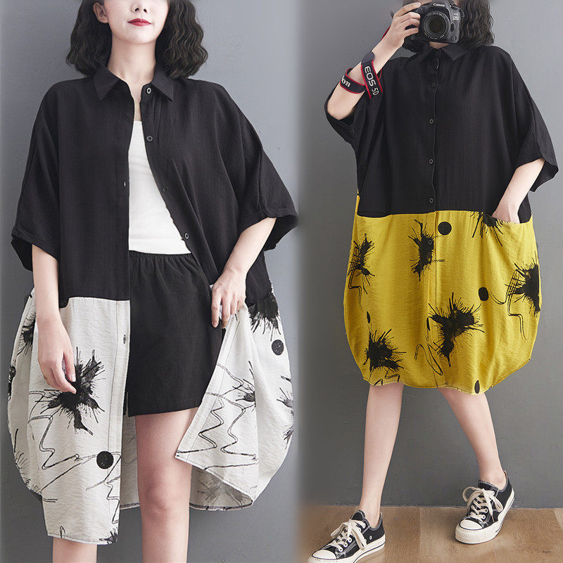 大码女装夏季时尚拼接撞色短袖衬衫裙女显瘦中长款印花宽松连衣裙
