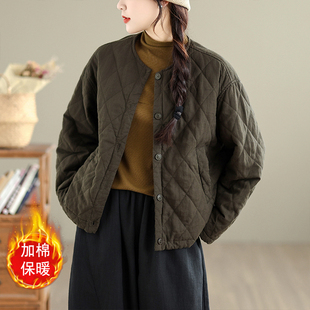大码菱格棉服女款小个子2025秋冬宽松休闲内里格纹圆领棉衣短外套