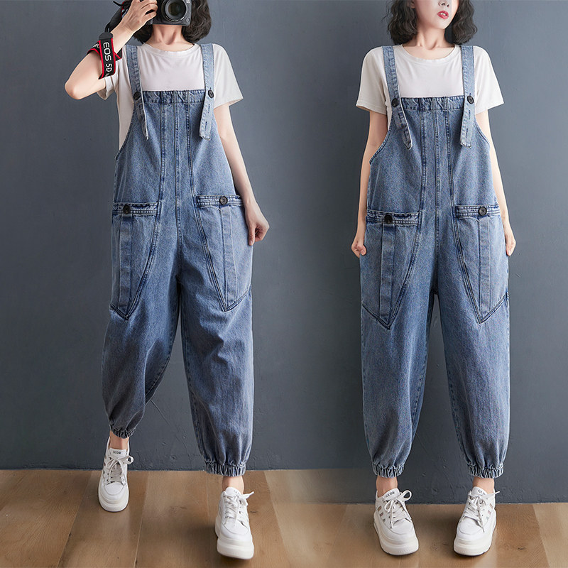 牛仔吊带连体裤女夏2024新款宽松显瘦背带裤韩版大码百搭束脚长裤