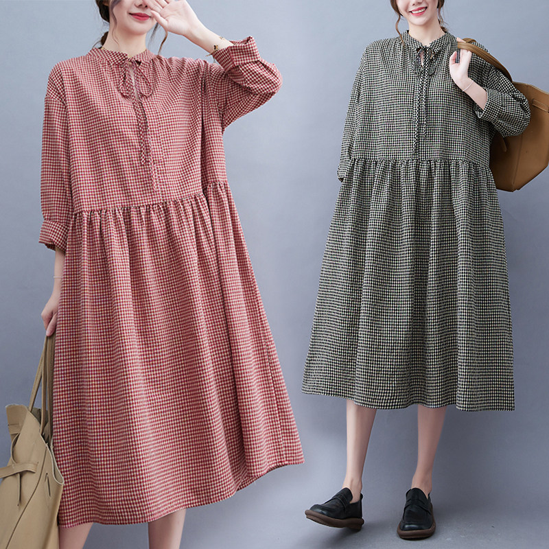复古棉麻格子系带长袖连衣裙女秋季宽松大码遮肉显瘦高腰大摆裙子