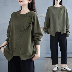 长袖 小菲家 大码 圆领套头宽松卫衣衫 不规则下摆上衣女 2024秋冬款