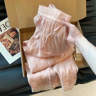 慵懒垂感显瘦松弛休闲阔腿裤 子女夏薄款 刺绣拼接苎麻裤 粉色新中式