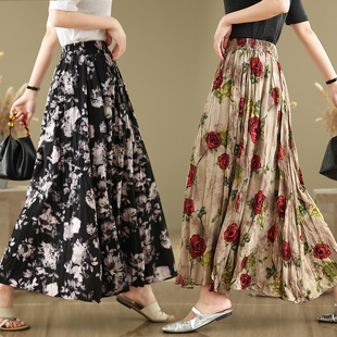 法式 复古碎花大摆半身裙女春夏高腰显瘦垂感a字裙气质百褶长裙子