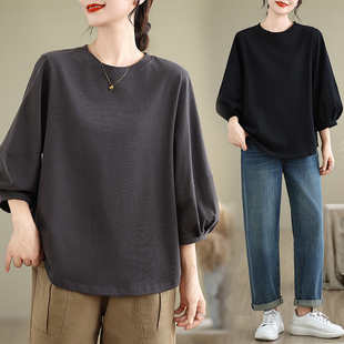 打底衫 宽松灯笼袖 胖mm休闲内搭纯色中袖 大码 上衣 卫衣T恤女早秋季
