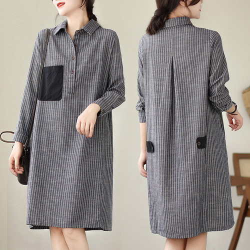 文艺竖条纹棉麻polo领衬衫连衣裙