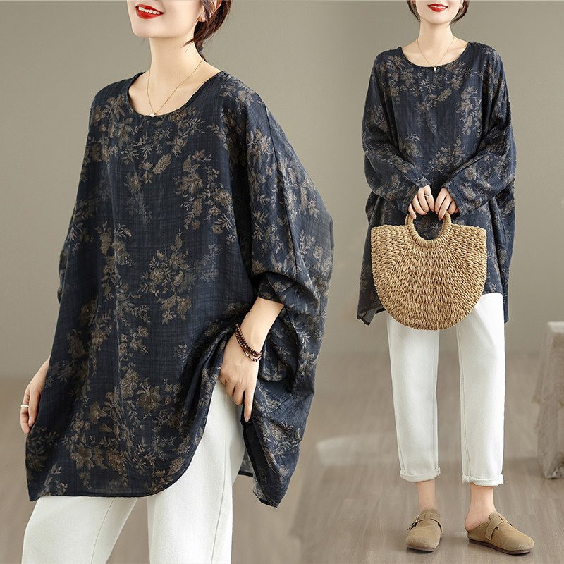 大码胖妹妹棉麻印花长袖t恤女秋季中长款显瘦百搭蝙蝠衫宽松上衣