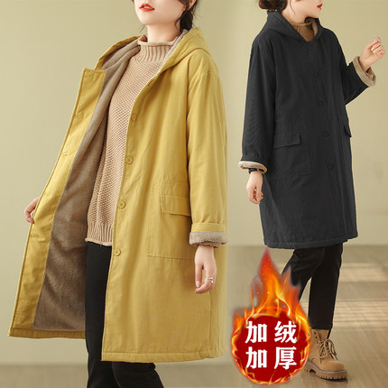 加绒加厚保暖中长款棉衣棉服女秋冬复古连帽宽松羊羔毛棉袄外套潮