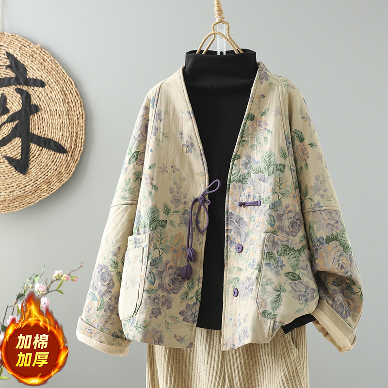 新中式复古印花棉服女2024新款冬季国风盘扣V领夹棉保暖棉袄外套