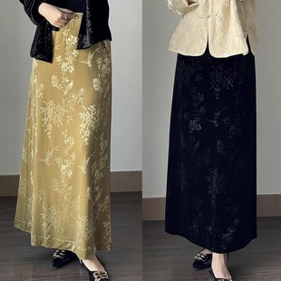 国风气质开叉长裙松紧腰百搭裙子女 丝绒半身裙新中式 2024春装 新款