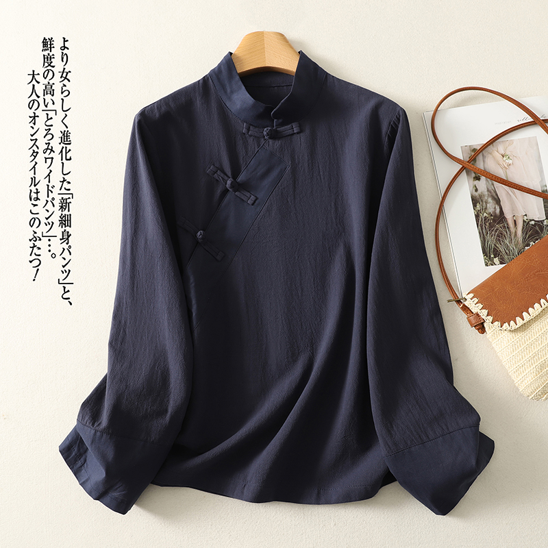 棉麻新中式改良衬衫女2026新款春装宽松立领斜襟盘扣长袖衬衣上衣