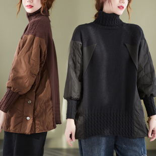 设计感夹棉拼接保暖针织衫 高领毛衣女冬加厚宽松外穿2024新款 大码