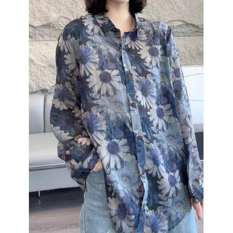 高级感超好看印花衬衫女秋季2025年新款港风复古薄款长袖防晒上衣