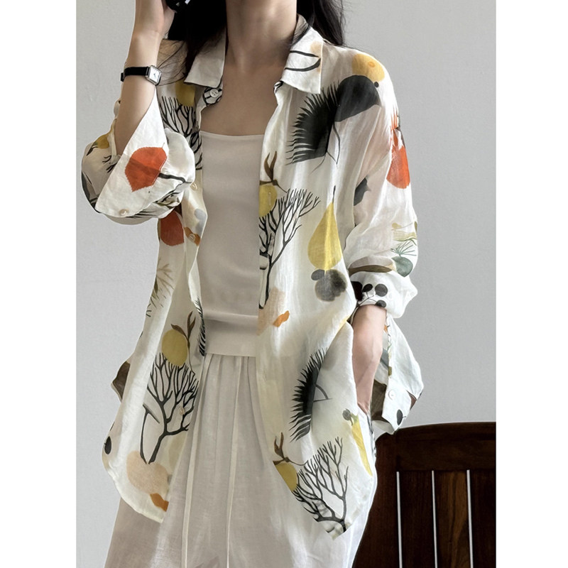 复古法式水墨晕染长袖衬衫女早秋薄款防晒衬衣设计感小众印花上衣,女装/女士精品,大码内搭,淘宝优惠券,粉丝福利购,淘宝优惠卷