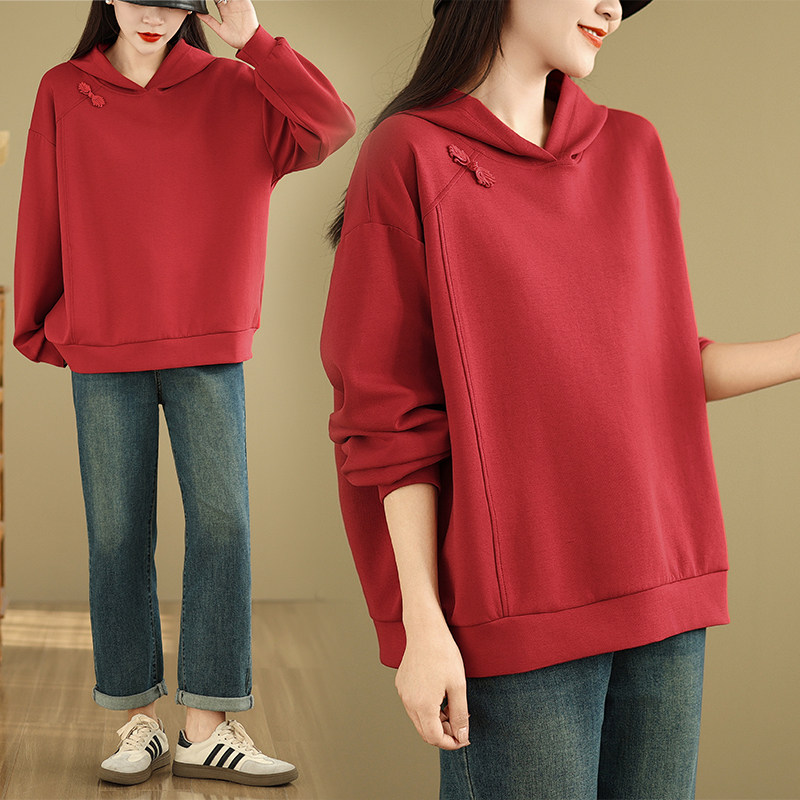 2024秋冬新款上衣时尚设计感新中式国风盘扣中国红冬天连帽卫衣潮,女装/女士精品,大码内搭,淘宝优惠券,粉丝福利购,淘宝优惠卷