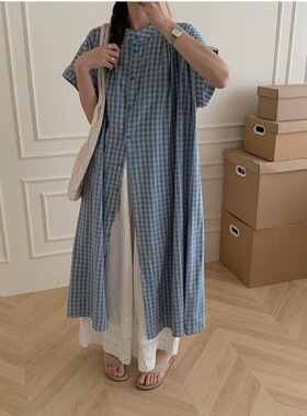 日系复古撞色蓝格子连衣裙女夏季格纹立领宽松长款百搭短袖衬衫裙