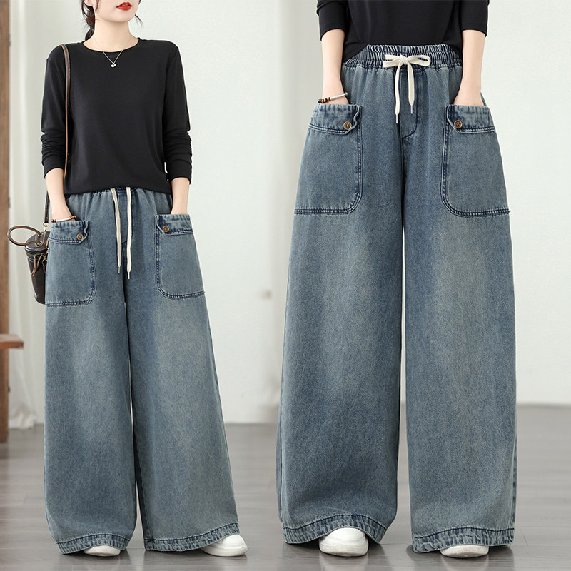 春秋大口袋牛仔阔腿裤女款松紧腰抽绳长裤宽松梨形身材直筒拖地裤