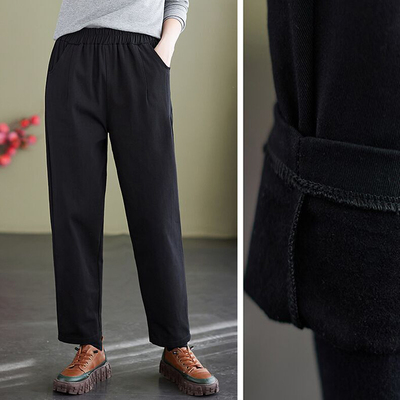大码女装秋冬季加绒裤子胖mm宽松显瘦休闲直筒长裤加厚保暖哈伦裤