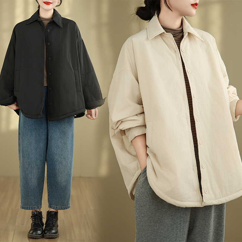 大码2024新款冬季夹棉衬衫外套女宽松慵懒中长款棉服加厚保暖棉袄