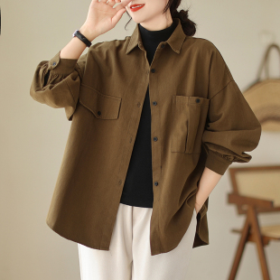 衬衣工装 设计感棕色全棉衬衫 纯色拼接长袖 宽松大码 外套潮 女春秋季