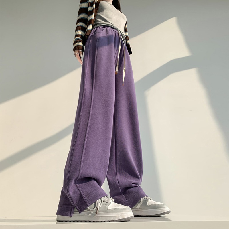 大码侧开叉阔腿裤女休闲针织长裤