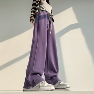 高腰垂感加厚休闲运动裤 胖mm女2025秋冬新款 加绒侧开叉阔腿裤 大码