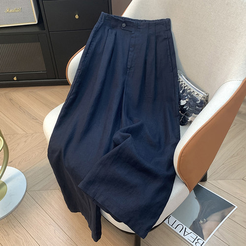 纯色简约通勤气质亚麻阔腿裤女夏季宽松休闲高腰垂感直筒九分裤子