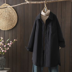 式 冬季 棉服女纯色百搭休闲翻领棉衣宽松衬衫 文艺长款 夹棉外套 韩版