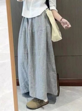 灰色亚麻休闲阔腿裤女夏季新款高腰显瘦宽松裤裙直筒垂感九分裙裤