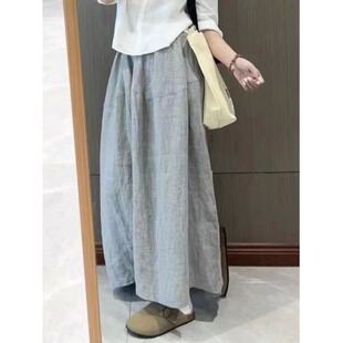 裙直筒垂感九分裙裤 灰色亚麻休闲阔腿裤 高腰显瘦宽松裤 新款 女夏季