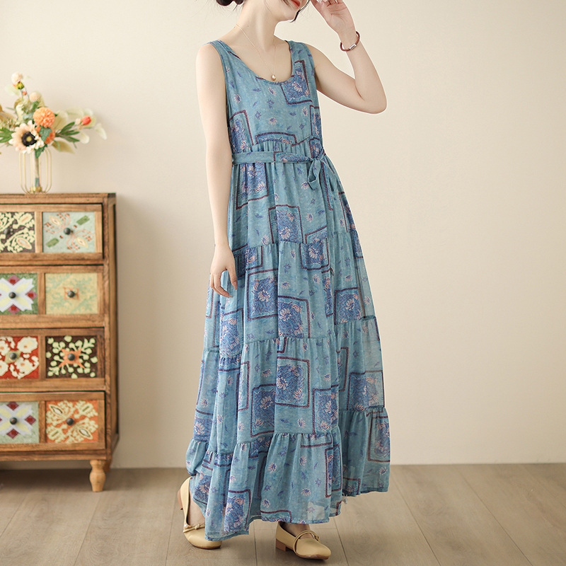 复古印花无袖连衣裙女夏季宽松显瘦海边度假背心裙拼接荷叶边长裙