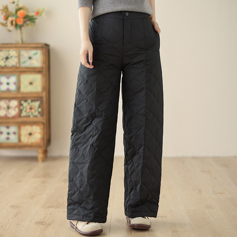菱格羽绒棉裤女冬季外穿时尚高腰直筒长裤绗缝夹棉加厚保暖阔腿裤