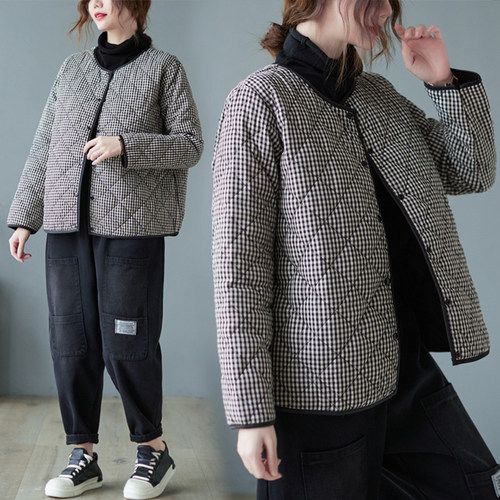 大码休闲轻薄棉服女宽松格子棉袄