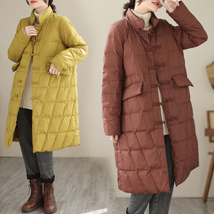 复古盘扣菱形格棉服女新款2024冬季宽松大码休闲长款立领棉衣外套