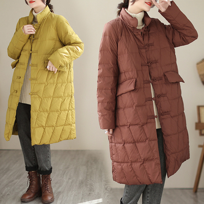 复古盘扣菱形格棉服外套女中长款