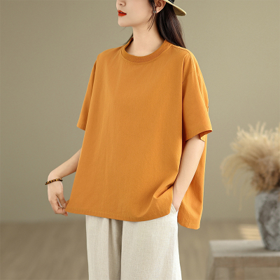 螺纹圆领亚麻短袖t恤糖果色上衣