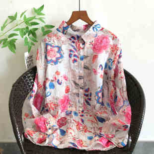 高端扎染水墨印花苎麻衬衫 衬衣上衣潮 女早春宽松休闲气质翻领长袖