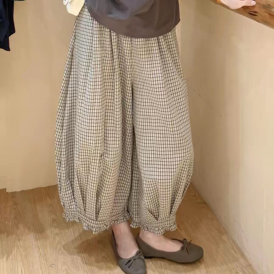韩系木耳边格子花苞休闲裤女夏季2026新款宽松显瘦九分阔腿灯笼裤